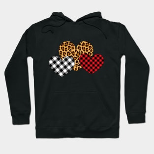 Valentine Three Hearts Leopard Buffalo Plaid Valentine's day Gifts Hoodie